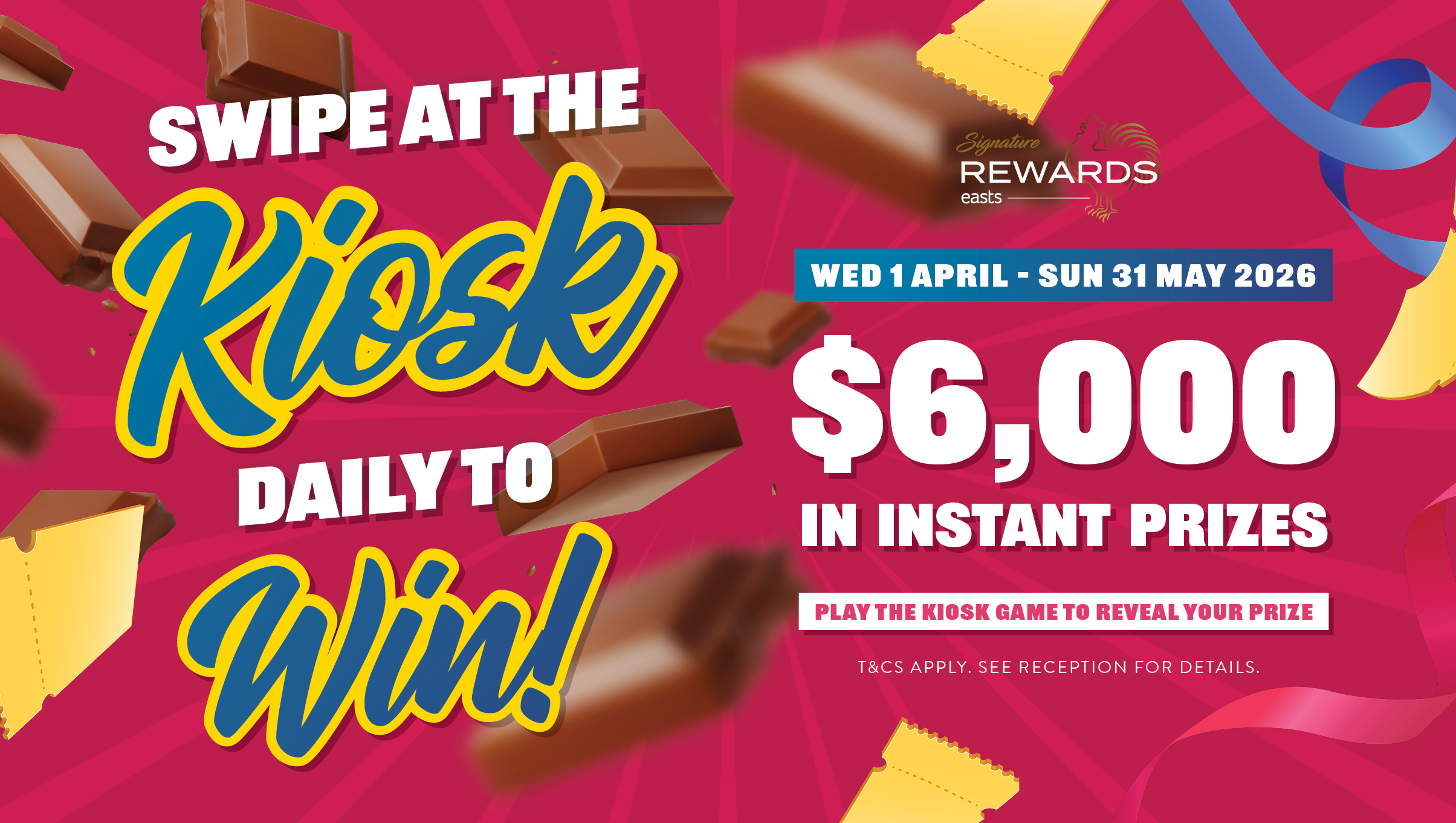 Surprise and Delight promo banner - swipe at the kiosk daily to win a share of $6,000 in instant prizes